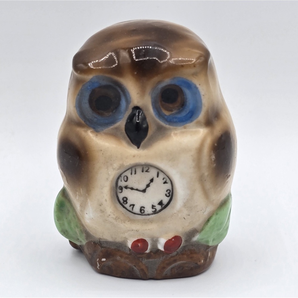 Vintage Owl Holder Perched Bird Retro Japan Faux Clock Mini Figurine